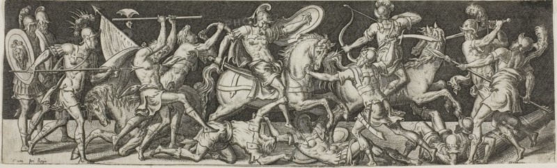Cavalry and Footsoldiers, 1550/1572, Etienne Delaune, French, c. 1519-1583, France, Engraving on paper, 65 × 219 mm