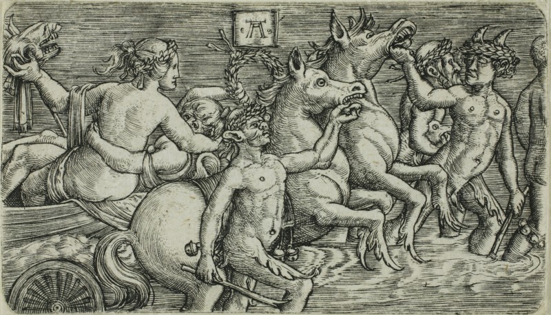 The Triumph of the Sea-Gods, 1520/25, Albrecht Altdorfer (German, c. 1480-1538), after Peregrino da Casena (Italian, active c. 1490-1520), Germany, Engraving in black on ivory laid paper, 46 x 81 mm (image/plate/sheet)