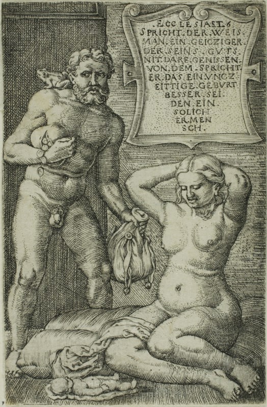 The Miser and the Miscarriage, 1528/30, Barthel Beham, German, 1502-1540, Germany, Engraving in black on ivory laid paper, 79 x 51 mm (image/plate/sheet)