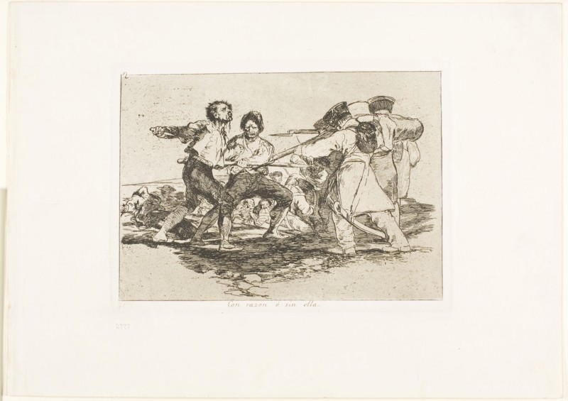 Rightly or wrongly, plate two from The Disasters of War, 1812/15, published 1863, Francisco José de Goya y Lucientes, Spanish, 1746-1828, Spain, Etching, lavis, burin, drypoint, and burnishing on ivory wove paper with gilt edges, 139 x 196 mm (image), 152 x 206 mm (plate), 240 x 337 mm (sheet)