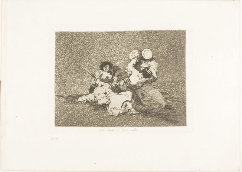 The Women Give Courage, plate four from The Disasters of War, 1810/15, published 1863, Francisco José de Goya y Lucientes, Spanish, 1746-1828, Spain, Etching, burnished aquatint, drypoint, lavis on ivory wove paper with gilt edges, 136 x 185 mm (image), 153 x 205 mm (plate), 240 x 337 mm (sheet)