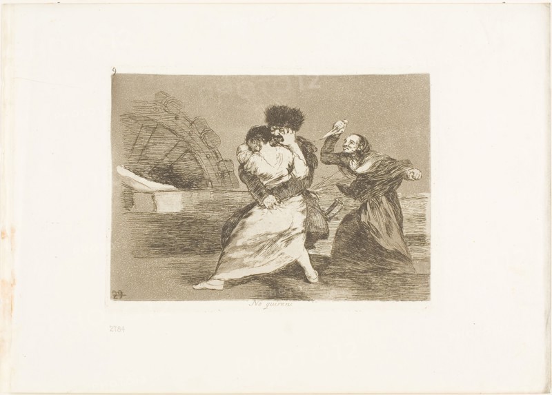 They Don’t Like it, plate nine from The Disasters of War, 1810/15, published 1863, Francisco José de Goya y Lucientes, Spanish, 1746-1828, Spain, Etching, burnished aquatint, and drypoint on ivory wove paper with gilt edges, 140 x 196 mm (image), 153 x 206 mm (plate), 240 x 339 mm (sheet)