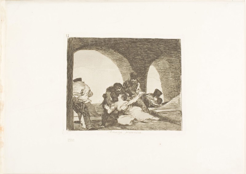 Bitter to be Present, plate 13 from The Disasters of War, 1810/11, published 1863, Francisco José de Goya y Lucientes, Spanish, 1746-1828, Spain, Etching, lavis, drypoint, burin, and burnishing on ivory wove paper with gilt edges, 130 x 160 mm (image), 141 x 170 mm (plate), 240 x 340 mm (sheet)