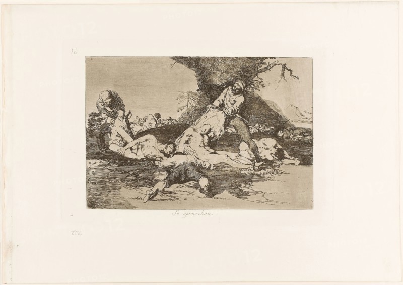 They Make Use of Them, plate 16 from The Disasters of War, 1810/12, published 1863, Francisco José de Goya y Lucientes, Spanish, 1746-1828, Spain, Etching, lavis, drypoint, burin, and burnishing on ivory wove paper with gilt edges, 132 x 196 mm (image), 160 x 234 mm (plate), 240 x 340 mm (sheet)
