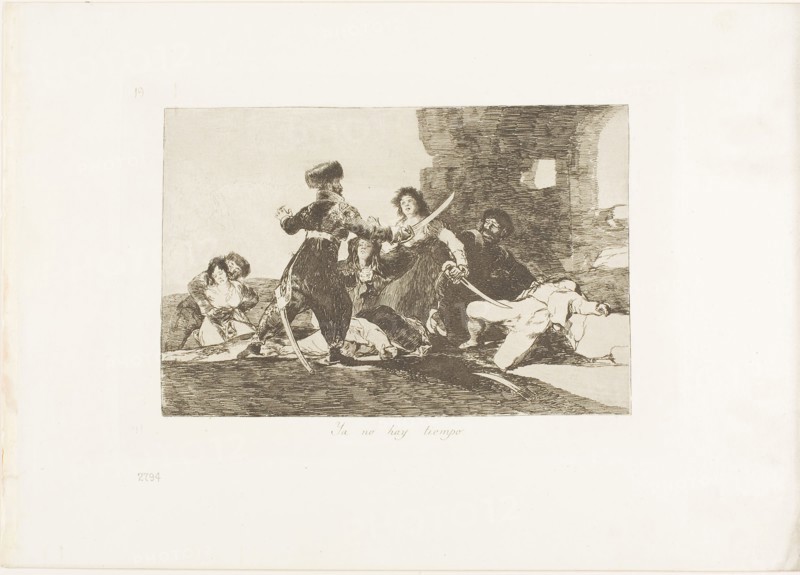 There isn’t Time Now, plate 19 from The Disasters of War, 1810/12, published 1863, Francisco José de Goya y Lucientes, Spanish, 1746-1828, Spain, Etching, lavis, drypoint, burin and burnishing on ivory wove paper with gilt edges, 131 x 198 mm (image), 165 x 235 mm (plate), 240 x 340 mm (sheet)
