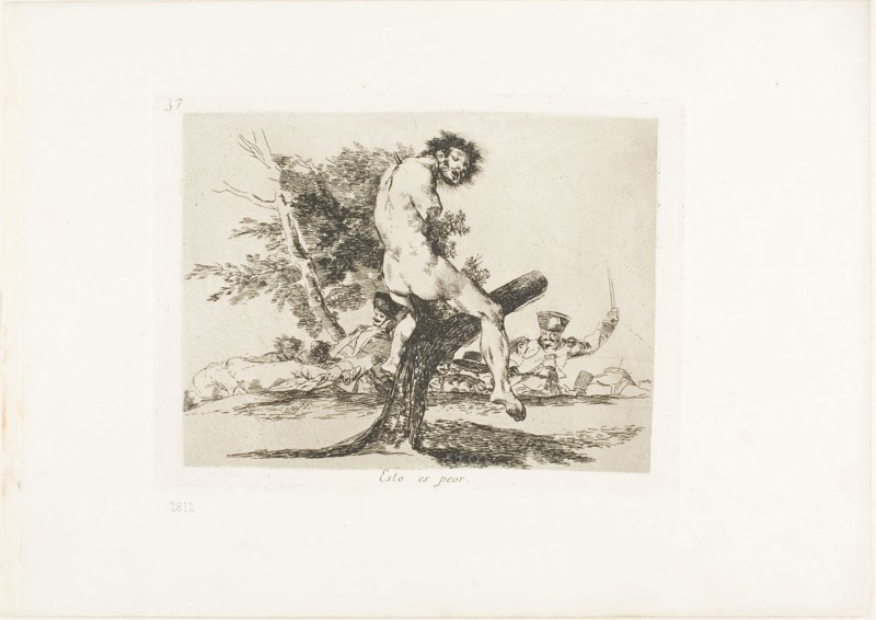 This is Worse, plate 37 from The Disasters of War, 1812/15, published 1863, Francisco José de Goya y Lucientes, Spanish, 1746-1828, Spain, Etching, lavis and drypoint on ivory wove paper with gilt edges, 139 x 185 mm (image), 153 x 208 mm (plate), 240 x 340 mm (sheet)