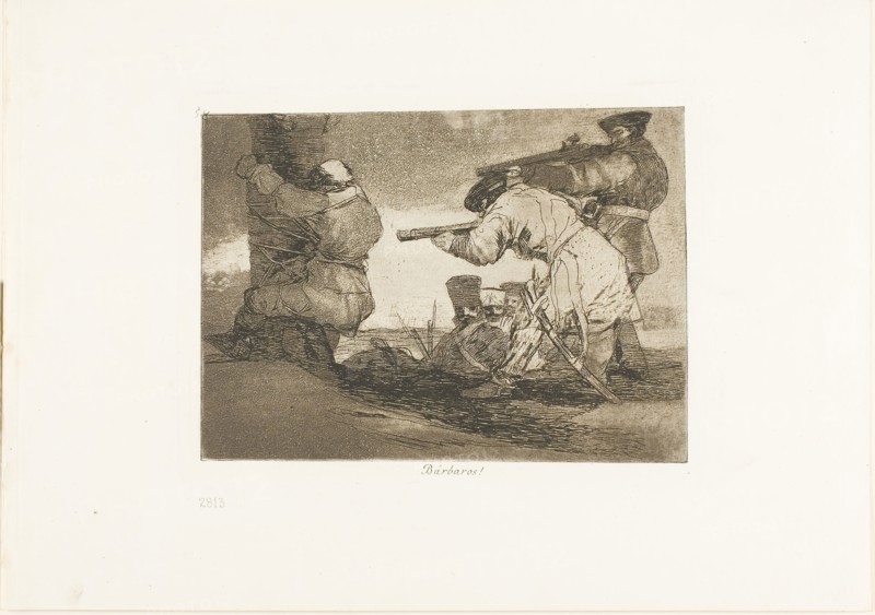 Barbarians!, plate 38 from The Disasters of War, 1812/15, published 1863, Francisco José de Goya y Lucientes, Spanish, 1746-1828, Spain, Etching, burnished aquatint, burin and burnishing on ivory wove paper with gilt edges, 139 x 190 mm (image), 155 x 208 mm (plate), 240 x 340 mm (sheet)