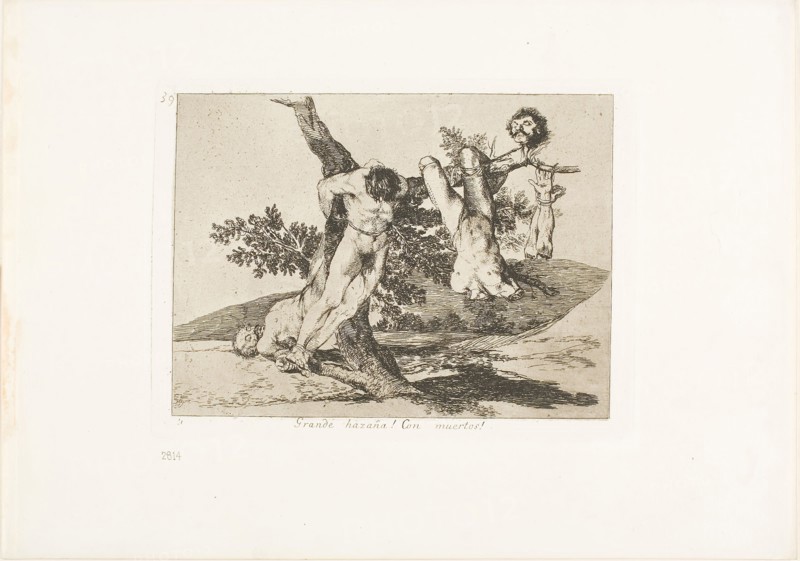 A Heroic Feat! With Dead Men!, plate 39 from The Disasters of War, 1812/15, published 1863, Francisco José de Goya y Lucientes, Spanish, 1746-1828, Spain, Etching, lavis and drypoint on ivory wove paper with gilt edges, 138 x 187 mm (image), 155 x 205 mm (plate), 240 x 340 mm (sheet)