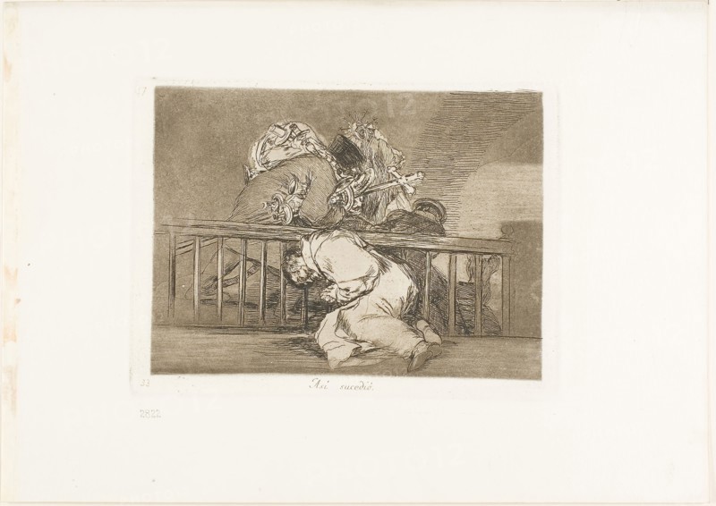 This is How it Happened, plate 47 from The Disasters of War, 1812/15, published 1863, Francisco José de Goya y Lucientes, Spanish, 1746-1828, Spain, Etching, burnished lavis, drypoint and burin on ivory wove paper with gilt edges, 138 x 187 mm (image), 152 x 205 mm (plate), 240 x 340 mm (sheet)