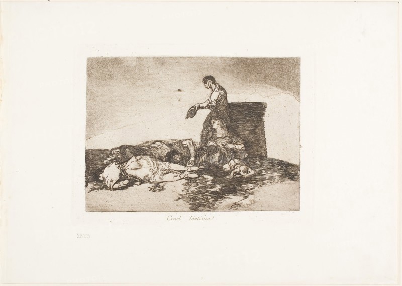 Cruel tale of woe!, plate 48 from The Disasters of War, 1812/15, published 1863, Francisco José de Goya y Lucientes, Spanish, 1746-1828, Spain, Etching, burnished lavis and burin on ivory wove paper with gilt edges, 131 x 182 mm (image), 153 x 205 mm (plate), 240 x 340 mm (sheet)