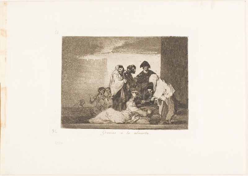 Thanks to the Millet, plate 51 from The Disasters of War, 1812/15, published 1863, Francisco José de Goya y Lucientes, Spanish, 1746-1828, Spain, Etching and burnished aquatint on ivory wove paper with gilt edges, 129 x 175 mm (image), 153 x 205 mm (plate), 240 x 340 mm (sheet)