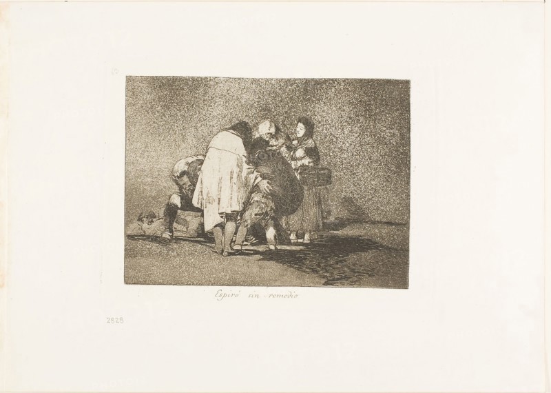 There Was Nothing to be Done and He Died, plate 53 from The Disasters of War, 1812/15, published 1863, Francisco José de Goya y Lucientes, Spanish, 1746-1828, Spain, Etching, burnished aquatint, lavis and burin on ivory wove paper with gilt edges, 129 x 175 mm (image), 152 x 205 mm (plate), 240 x 340 mm (sheet)
