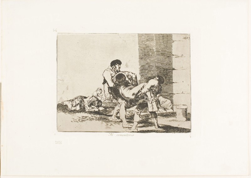 To the Cemetery, plate 56 from The Disasters of War, 1812/15, published 1863, Francisco José de Goya y Lucientes, Spanish, 1746-1828, Spain, Etching, lavis and drypoint on ivory wove paper with gilt edges, 135 x 183 mm (image), 154 x 206 mm (plate), 240 x 340 mm (sheet)