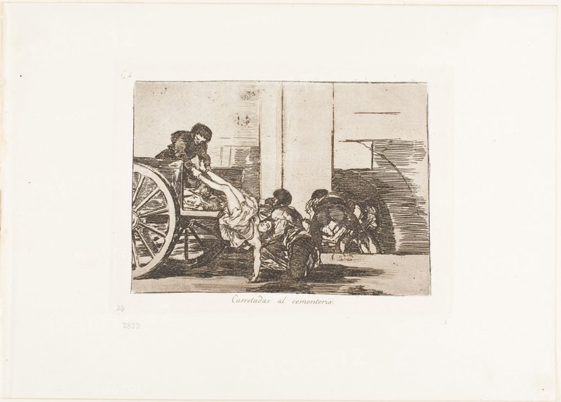 Cartloads to the cemetery, plate 64 from The Disasters of War, 1812/15, published 1863, Francisco José de Goya y Lucientes, Spanish, 1746-1828, Spain, Etching, aquatint and drypoint in warm black on off-white wove paper with gilt edges, 129 x 181 mm (image), 153 x 205 mm (plate), 240 x 339 mm (sheet)