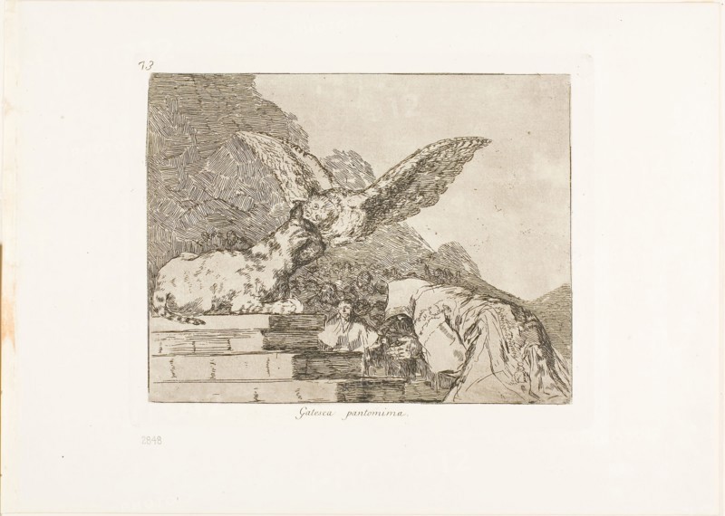 Feline pantomime, plate 73 from The Disasters of War, 1815/20, published 1863, Francisco José de Goya y Lucientes, Spanish, 1746-1828, Spain, Etching, burin, and burnishing on ivory wove paper with gilt edges, 155 x 199 mm (image), 175 x 216 mm (plate), 240 x 337 mm (sheet)