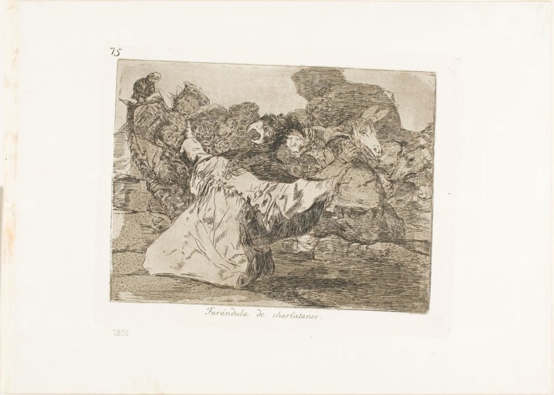 Charlatan’s show, plate 75 from The Disasters of War, 1815/20, published 1863, Francisco José de Goya y Lucientes, Spanish, 1746-1828, Spain, Etching, aquatint or lavis, burin and burnishing on ivory wove paper with gilt edges, 148 x 196 mm (image), 170 x 220 mm (plate), 240 x 337 mm (sheet)