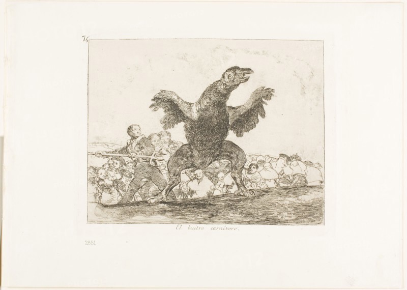 The Carnivorous Vulture, plate 76 from The Disasters of War, 1815/20, published 1863, Francisco José de Goya y Lucientes, Spanish, 1746-1828, Spain, Etching, drypoint, burin and burnishing on ivory wove paper with gilt edges, 155 x 200 mm (image), 175 x 215 mm (plate), 240 x 337 mm (sheet)