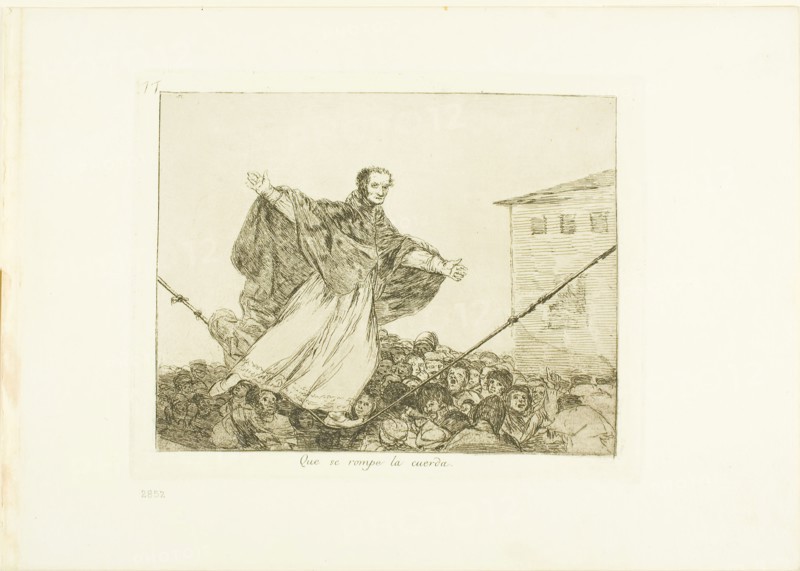 May the cord break, plate 77 from The Disasters of War, 1815/20, published 1863, Francisco José de Goya y Lucientes, Spanish, 1746-1828, Spain, Etching, burnished aquatint or lavis, and drypoint on ivory wove paper with gilt edges, 153 x 195 mm (image), 173 x 218 mm (plate), 240 x 340 mm (sheet)
