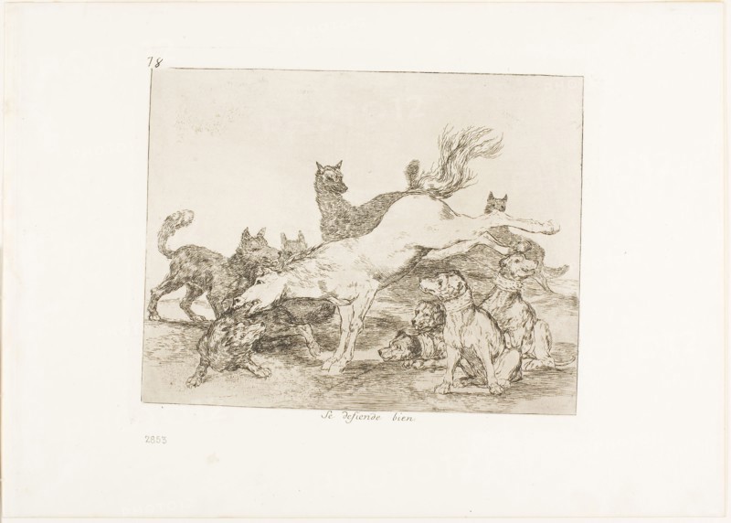 He defends himself well, plate 78 from The Disasters of War, 1815/20, published 1863, Francisco José de Goya y Lucientes, Spanish, 1746-1828, Spain, Etching, drypoint, burin and burnishing on ivory wove paper with gilt edges, 157 x 202 mm (image), 175 x 220 mm (plate), 240 x 336 mm (sheet)