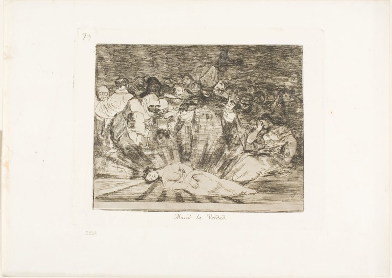 Truth has died, plate 79 from The Disasters of War, 1815/20, published 1863, Francisco José de Goya y Lucientes, Spanish, 1746-1828, Spain, Etching and burnishing on ivory wove paper with gilt edges, 145 x 182 mm (image), 170 x 215 mm (plate), 240 x 335 mm (sheet)