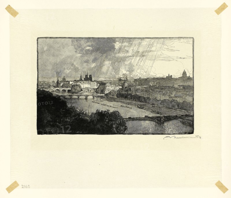 Paris, Viewed from the Pavillon de Flore, plate eleven from Le Long de la Seine et des Boulevards, 1890, published 1910, Louis Auguste Lepère (French, 1849-1918), published by A. Desmoulins (French, active c. 1908-1910), France, Wood engraving in black on cream Japanese tissue, 122 × 198 mm (image), 226 × 267 mm (sheet)