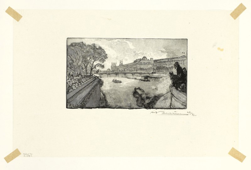 The Louvre, Viewed from the Pont-Neuf, plate thirteen from Le Long de la Seine et des Boulevards, 1890, published 1910, Louis Auguste Lepère (French, 1849-1918), published by A. Desmoulins (French, active c. 1908-1910), France, Wood engraving in black on cream Japanese tissue, 72 × 122 mm (image), 149 × 228 mm (sheet)