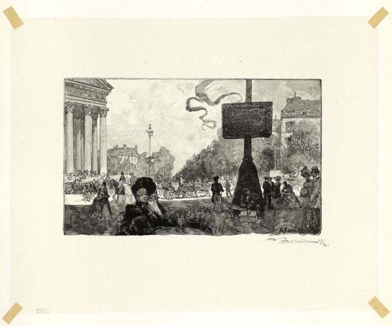 Corner of the Rue Royale, plate sixteen from Le Long de la Seine et des Boulevards, 1890, published 1910, Louis Auguste Lepère (French, 1849-1918), published by A. Desmoulins (French, active c. 1908-1910), France, Wood engraving in black on cream Japanese tissue, 122 × 201 mm (image), 230 × 286 mm (sheet)