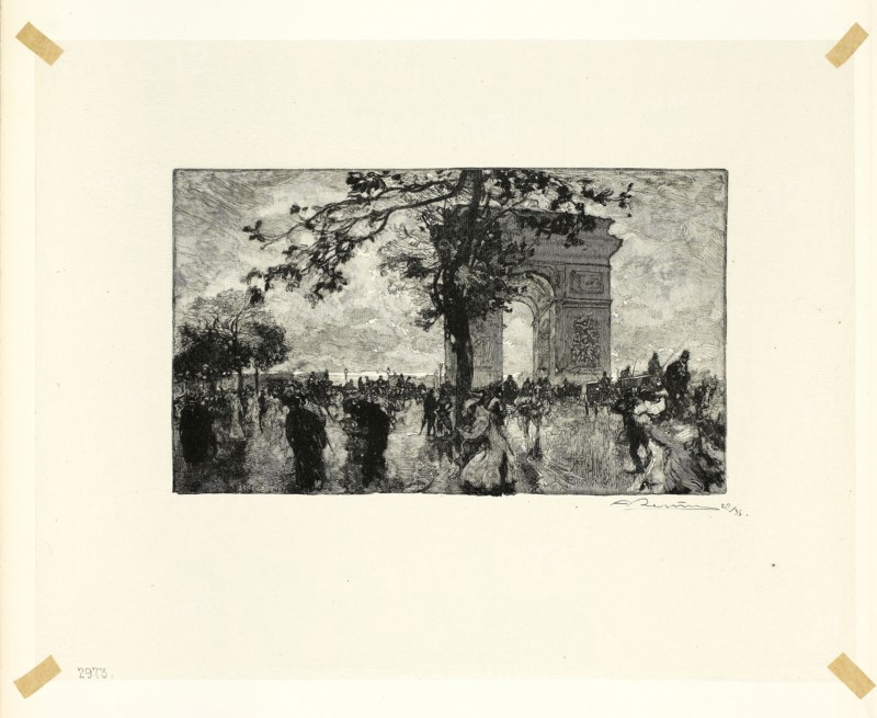 Retour du Bois, place de l’Etoile, plate nineteen from Le Long de la Seine et des Boulevards, 1890, published 1910, Louis Auguste Lepère (French, 1849-1918), published by A. Desmoulins (French, active c. 1908-1910), France, Wood engraving in black on cream Japanese tissue, 118 × 201 mm (image), 232 × 297 mm (sheet)