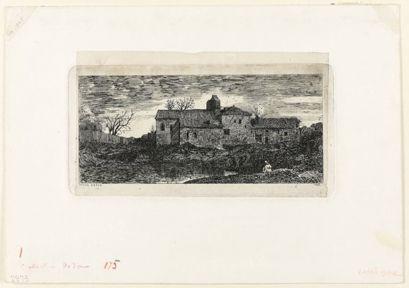 Chapel and Pilgrim’s Hospice at Harambeltz (Basses-Pyrenees), 1866, Odilon Redon, French, 1840-1916, France, Etching on cream China paper laid down on white wove paper, 61 × 136 mm (image), 74 × 147 mm (plate), 155 × 220 mm (sheet)