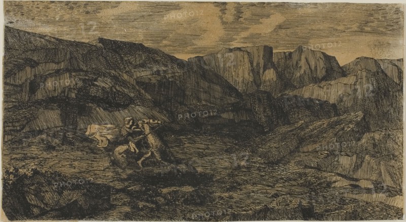 Fear, 1866, Odilon Redon, French, 1840-1916, France, Etching on tan China paper laid down on white wove, trimmed within plate mark, 108 × 202 mm (image/sheet), 232 × 306 mm (sheet, mount)