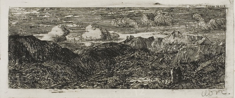 Mountain Landscape, c. 1866, Odilon Redon, French, 1840-1916, France, Etching and drypoint on ivory wove paper, 38 × 102 mm (image), 48 × 110 mm (plate), 160 × 221 mm (sheet)