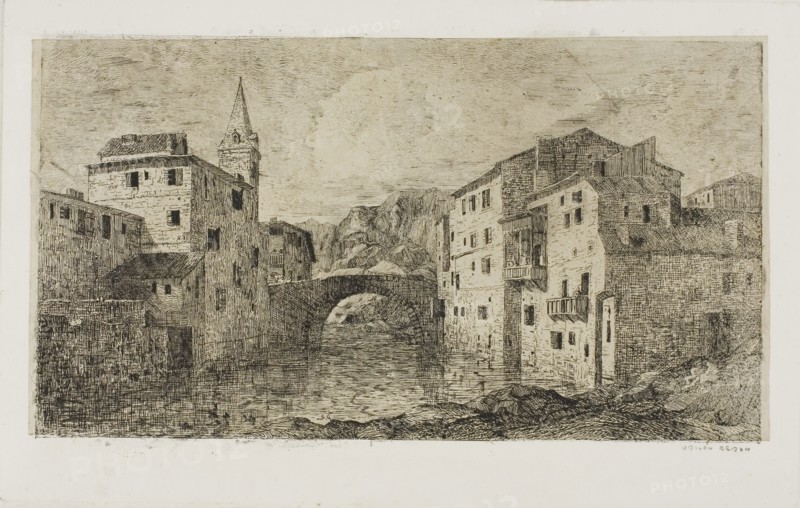 St.-Jean-Pied-de-Port, 1866, Odilon Redon, French, 1840-1916, France, Etching on mounted cream China paper, 140 × 221 mm (plate), 112 × 199 mm (sheet)