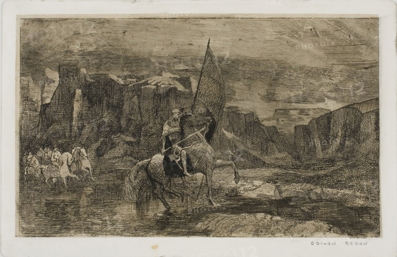 Standard Bearer, 1868, Odilon Redon, French, 1840-1916, France, Etching and drypoint, heightened with pen and black and brown ink, on mounted tan China paper, 102 × 168 mm (image), 120 × 185 mm (plate)