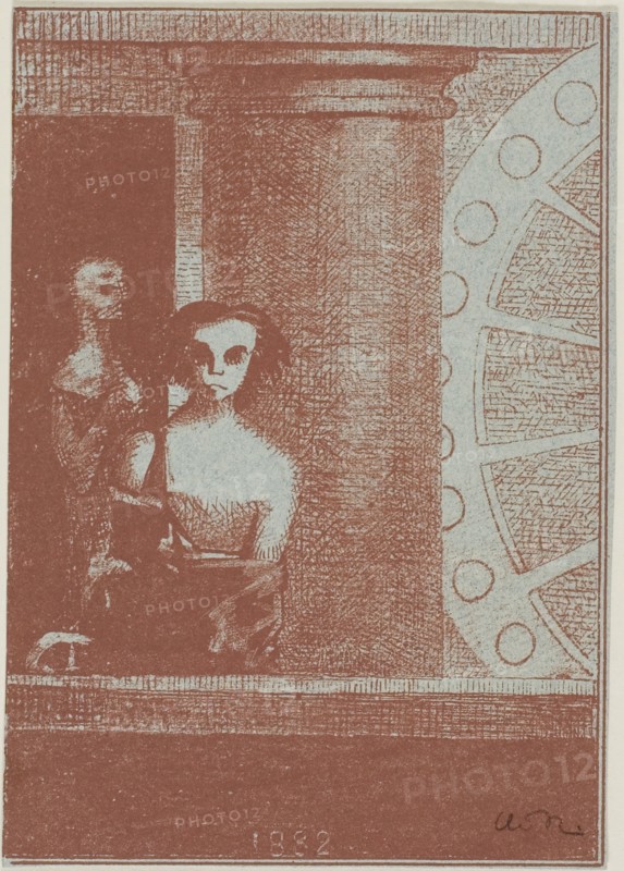 Cover/Frontispiece: verso of the second page, from To Edgar Poe, 1882, Odilon Redon, French, 1840-1916, France, Lithograph in brick red on light blue wove paper, 164 × 116 mm