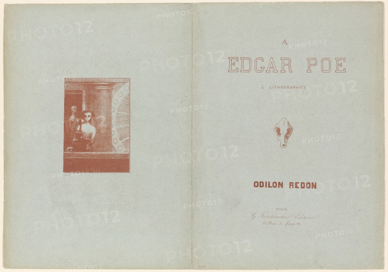 Portfolio cover, from To Edgar Poe, 1882, Odilon Redon, French, 1840-1916, France, Bi-fold portfolio cover with lithographed text and images front and back, printed in brick-red on blue-green wove paper, 164 × 115 mm (image), 460 × 328 mm (sheet)