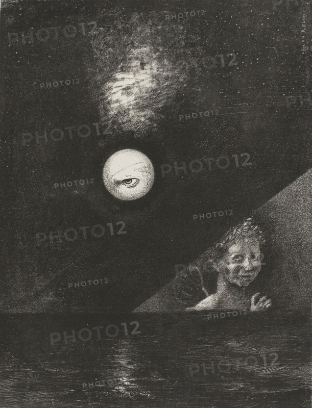 On the Horizon the Angel of Certitude, and in the Somber Heaven a Questioning Eye, plate four from To Edgar Poe, 1882, Odilon Redon, French, 1840-1916, France, Lithograph in black on ivory China paper, laid down on white wove paper, 270 × 205 mm (image), 272 × 205 mm (chine), 440 × 305 mm (sheet)