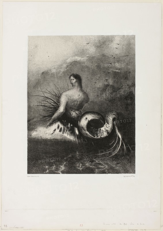 Siren Coming out of the Waves, Dressed in Flames, plate 4 of 8 from Les Origines, 1883, Odilon Redon, French, 1840-1916, France, Lithograph in black on light gray China paper collé, laid down on white wove paper, 302 × 235 mm (image/chine), 490 × 345 mm (sheet)