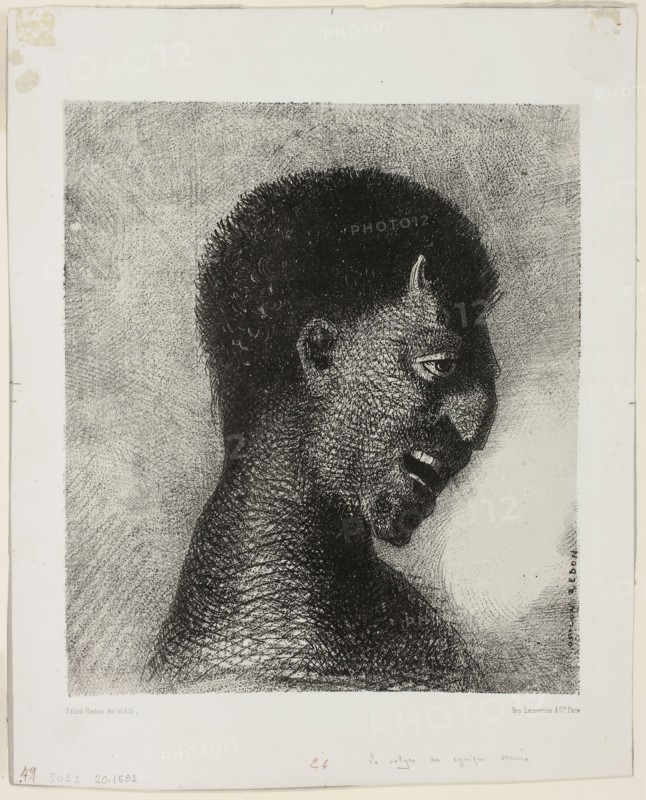 The Satyr with the Cynical Smile, plate 5 of 8 from Les Origines, 1883, Odilon Redon, French, 1840-1916, France, Lithograph in black on light gray China paper, laid down on white wove paper, 242 × 207 mm (image/chine), 309 × 249 mm (sheet)
