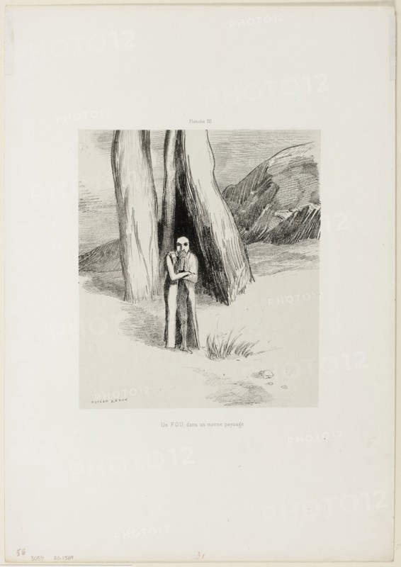 A Madman in a Dismal Landscape, plate 3 of 6, 1885, Odilon Redon, French, 1840-1916, France, Lithograph in black on ivory China paper laid down on ivory wove paper, 223 × 193 mm (chine), 451 × 316 mm (sheet)