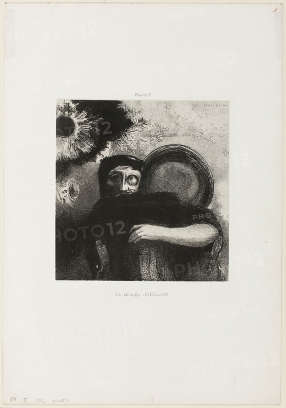 A Strange Juggler, plate 5, 1885, Odilon Redon, French, 1840-1916, France, Lithograph in black on cream China paper laid down on ivory wove paper, 199 × 190 mm (image/chine), 440 × 305 mm (sheet)