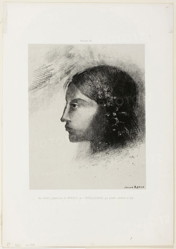Upon Awakening I Saw the Goddess of the Intelligible With Her Severe and Hard Profile, plate 6 of 6, 1885, Odilon Redon, French, 1840-1916, France, Lithograph in black on light gray China paper laid down on ivory wove paper, 270 × 215 mm (chine), 455 × 315 mm (sheet)