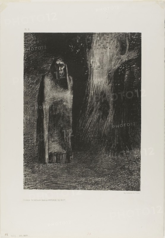 The Man was Alone in a Night Landscape, from Night, 1886, Odilon Redon, French, 1840-1916, France, Lithograph in black on ivory China paper collé, laid down on white wove paper, 295 × 220 mm (chine), 440 × 305 mm (sheet)