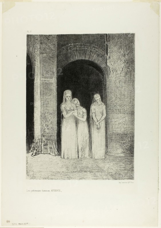 The Priestesses Were Waiting, from Night, 1886, Odilon Redon, French, 1840-1916, France, Lithograph in black on ivory China paper collé, laid down on white wove paper, 286 × 212 mm (image/chine), 440 × 305 mm (sheet)