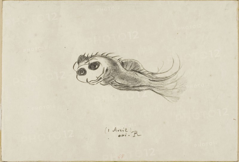 Menu of a Dinner for French Lithographers, April 1, 1887, 1887, Odilon Redon, French, 1840-1916, France, Lithograph in black on ivory Japanese paper, mounted on tan wove paper, 163 × 240 mm (sheet), 290 × 414 mm (sheet, mount)