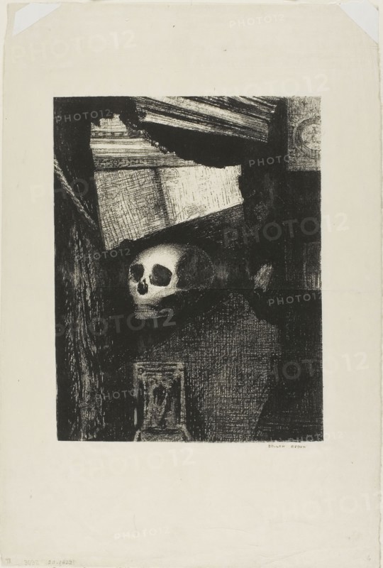 Through an Opening in the Wall, a Skull Appeared, plate 1 from Edmond Picard’s Le Jure, 1887, Odilon Redon, French, 1840-1916, France, Lithograph in black on cream Japanese paper, 239 × 185 mm (image), 390 × 264 mm (sheet)