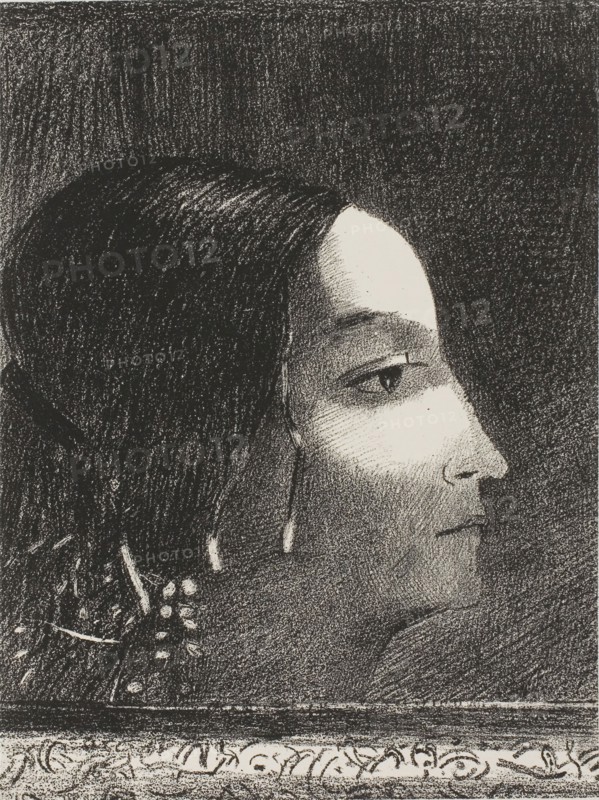 Dramatic and Grandiose with Her Face like that of a Druid Priestess, 1887, Odilon Redon, French, 1840-1916, France, Lithograph in black on ivory China paper, laid down on white wove paper, 192 × 143 mm (image/chine), 446 × 315 mm (sheet)