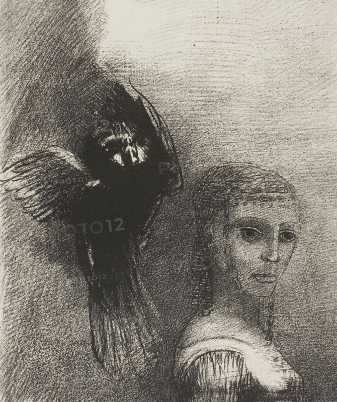 And a Large Bird, Descending From the Sky, Hurls Itself Against the Topmost Point of Her Hair, plate 3 of 10, 1888, Odilon Redon, French, 1840-1916, France, Lithograph in black on ivory wove paper, 190 × 160 mm (image), 359 × 274 mm (sheet)