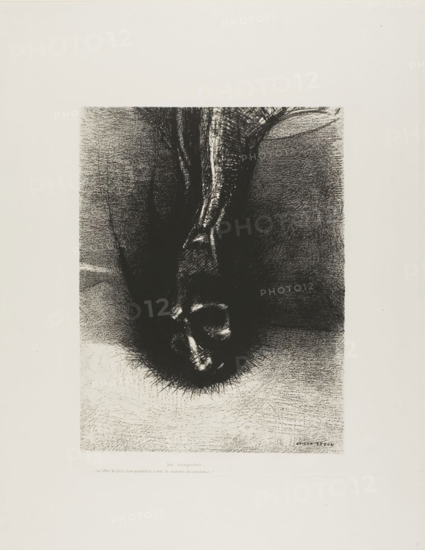 The Skiapods: The head as low as possible, that is the secret of happiness!, plate 6 of 6, 1889, Odilon Redon, French, 1840-1916, France, Lithograph in black on ivory China paper laid down on ivory wove paper, 277 × 210 mm (image/chine), 451 × 345 mm (sheet)