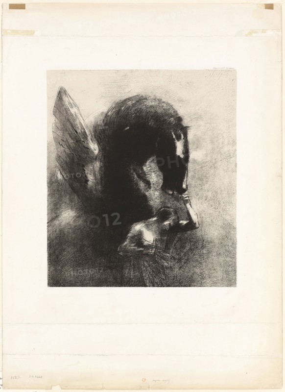 Captive Pegasus, 1889, Odilon Redon, French, 1840-1916, France, Lithograph in black on cream China paper laid down on cream wove paper, 340 × 297 mm (image/chine), 602 × 438 mm (sheet)