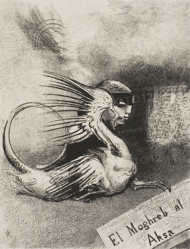 Frontispiece for El Moghreb al Aksa by Edmond Picard, 1889, Odilon Redon, French, 1840-1916, France, Lithograph in black on ivory China paper laid down on ivory wove paper, 244 × 186 mm (image/chine), 423 × 314 mm (sheet)